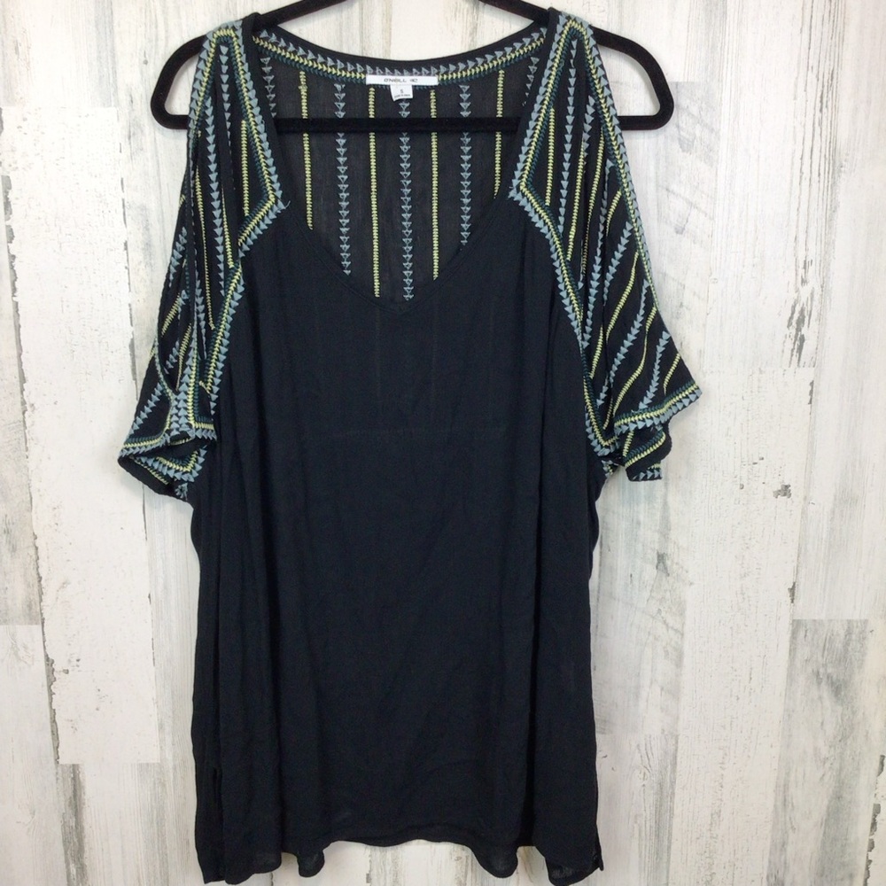 O'Neill Black Embroidered V Neck Cold Shoulder Mini Dress Top Tunic Swim Cover S